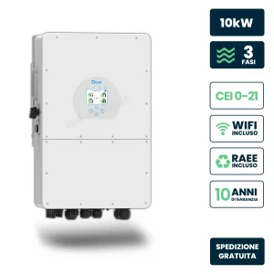 Inverter fotovoltaico alta tensione deye trifase ibrido on-grid/off-grid 10kw, doppio mppt, cei 0-21, schermo lcd touch, wifi e ta inclusi, garanzia 10 anni ip65