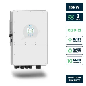 Inverter fotovoltaico alta tensione deye trifase ibrido on-grid/off-grid 15kw, doppio mppt, cei 0-21, schermo lcd touch, wifi e ta inclusi, garanzia 10 anni ip65