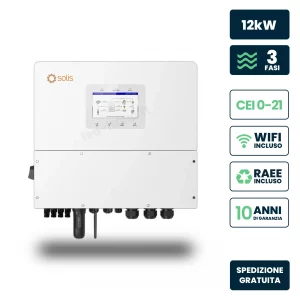 Inverter Fotovoltaico Alta Tensione Solis Trifase Ibrido on-Grid/Off-Grid 12KW, Quadruplo MPPT, CEI 0-21, Schermo LCD, Wifi Meter E Ta inclusi, Garanzia 10 Anni Ip66