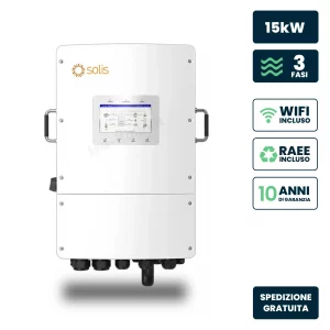 Inverter fotovoltaico solis trifase ibrido on-grid/off-grid 15kW, doppio mppt, schermo lcd, wifi meter e ta inclusi, garanzia 10 anni ip66