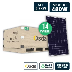 Set 6.7kW Con 14 Pannelli Solari Fotovoltaici Moduli 480W Osda Solar Tier-1 Monocristallino Topcon Silver Frame Silver IP67/IP68 1903x1134x30mm