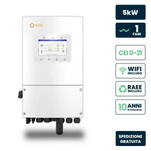 Inverter Fotovoltaico solis monofase ibrido on-grid/off-grid 5kw, doppio mppt, cei 0-21, Schermo lcd, wifi e ta inclusi, galanzia 10 anni ip66