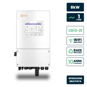 Inverter Fotovoltaico solis monofase Ibrido on-grid/off-grid 8kw, doppio mppt, cei 0-21, Schermo lcd, wifi e ta inclusi, galanzia 10 anni ip66