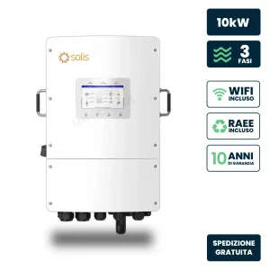 Inverter fotovoltaico solis trifase ibrido on-grid/off-grid 10kW, doppio mppt, schermo lcd, wifi meter e ta inclusi, garanzia 10 anni ip66