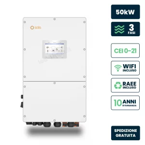 Inverter fotovoltaico alta tensione solis trifase ibrido on-grid/off-grid 50kw, quadruplo mpppt, schermo lcd, wifi meter e ta inclusi, CEI 0-21 Garanzia 10 Anni IP66