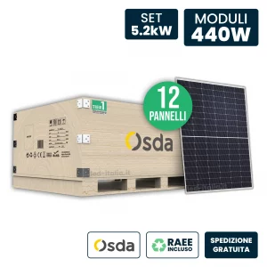 Set 5KW CON 12 Pannelli Solari Fotovoltaici Moduli 440W OSDA Solar Tier-1 Monocristallini Topcon Silver Frame Silver IP67/IP68 1722x1134x30mm