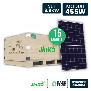SET 6.8kW CON 15 Pannelli Solari Fotovoltaici Moduli 455W Jinko Solar Tier-1 Tiger Neo Monocristallini TopCon Nero Frame nero IP67/IP68 1762x1134x30mm