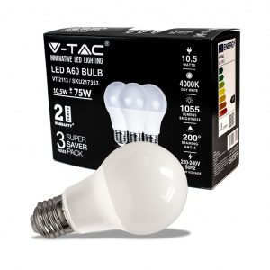 Bulb LED 10.5W E27 A60 Termoplastico 4000K 3pcs/pacchetto
