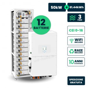 Kit fotovoltaico con inverter trifase ibrido deye 50kw wifi ta + sistema di accumulo deye lifepo4 61.44 kwh con hv box bms e armadio rack cei 0-21 cei 0-16 Garanzia 10 Anni