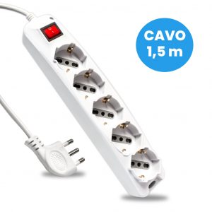 Multipresa con 5 prese 10/16a ​​2p+t bipasso/schuko 45 ° e interruttore generale luminoso e cavo 1,5m spina 16a 2p+t colore bianco