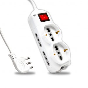 Multipresa con cavo 1,5m e 6x prese 10/16a ​​(4x laterali bipasso + 2x frontale bipasso/schuko), spina 16a e interruttore colore bianco