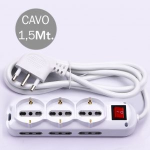 Multipresa con cavo 1,5m e 9x prese 10/16a ​​(6x laterali bipasso + 3x frontale bipasso/schuko), spina 16a e interruttore colore bianco