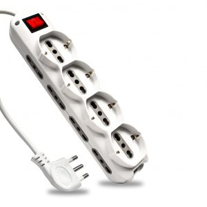 Multipresa con cavo 1,5m e 12x prese 10/16a ​​(8x laterali bipasso + 4x frontale bipasso/schuko), spina 16a e interruttore colore bianco