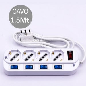 Multipresa con cavo 1,5m e 4x prese bipasso/schuko 10/16a, spina 16a e interruttiri indipendenti + generale colore bianco
