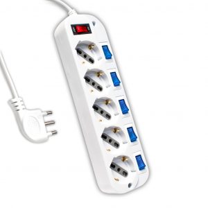 Multipresa con cavo 1,5m e 5x prese bipasso/schuko 10/16a, spina 16a e interruttiri indipendenti + generale colore bianco