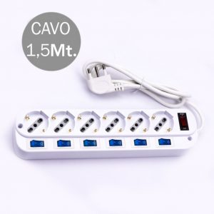 Multipresa con cavo 1,5m e 6x prese bipasso/schuko 10/16a, spina 16a e interruttiri indipendenti + generale colore bianco