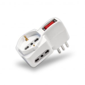 Adattatore Spina 10A 2 Prese 2p+T 10/16A Bipasso+1 preca Bipasso/Schuko con Protezione de Sovraccarico Max: 1500W