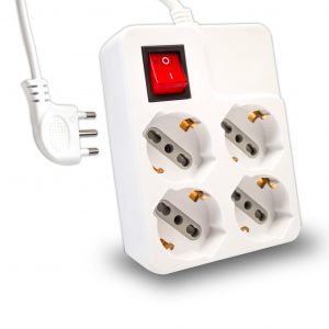 Multipresa quadra con cavo 1,5m e 4x prese bipasso/schuko 10/16a, spina 16a e interruttore colare bianco