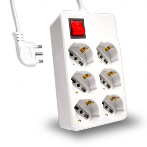 Multipresa quadra con cavo 1,5m e 6x prese bipasso/schuko 10/16a, spina 16a e interruttore colare bianco