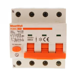 Magnetotermico Differenziale Meanwell Tipo A Curva C 3P+Neutro 4M 6KA 30Ma C10A 400V IP20 IEC61009