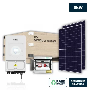 Kit fotovoltaico monofase 5kw con inverter ibrido, 12 moduli tier-1 430w (5.16kw) Frame nero, Quadro combinato 1-1 AC-DC 5KW SENZA ACCUMULO