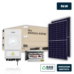 Kit fotovoltaico monofase 6kw con inverter ibrido, 15 moduli tier-1 430w (6.45kW) Frame nero, Quadro combinato 2-2 AC-DC 6KW SENZA Accumulo