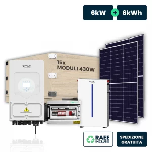 Kit fotovoltaico monofase 6kw con inverter ibrido, 15 moduli tier-1 430w (6.45kw) cornice nera con accumulo LFP 6kwh e quadro combinato 2-2 ac-dc 6kw
