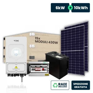 Kit fotovoltaico monofase 6kw con inverter ibrido, 15 moduli tier-1 430w (6.45kw) cornice nera con accumulo lfp 10kwh e quadro combinato 2-2 ac-dc 6kw