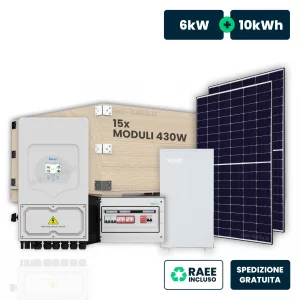 Kit fotovoltaico monofase 6kw con inverter ibrido, 15 moduli tier-1 430w (6.45kw) cornice nera con accumulo lfp 10kwh e quadro combinato 2-2 ac-dc 6kw
