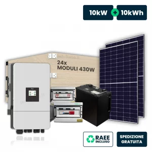 Kit fotovoltaico trifase da 10kw con inverter ibrido, 24 moduli 430w tier-1 (10.32kw) telaio nero con accumulo lfp 10kwh e quadri dc 2/2 e ac 1/1 10kw