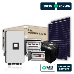 Kit fotovoltaico trifase 10kW con inverter ibrido, 24 moduli tier-1 430w (10.32kw) telaio nero con accumulo lfp 20kwh, quadri DC 3-3 e ac 1-1 10kw