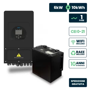 Kit fotovoltaico monofase 6kw con inverter Ibrido deye nero e batteria lifepo4 10kwh, doppio mppt, cei 0-21, wifi, galanzia 10 anni (115291 + 11523)