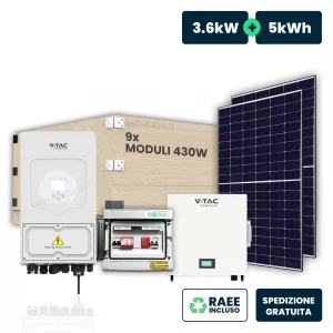 Kit fotovoltaico monofase 3.6kw con inverter ibrido deye, 9 moduli 430w tier-1 (3.87kw) cornice nera con accumulo lfp 5kwh cei 0-21 quadri ac/dc 1/1 3kw