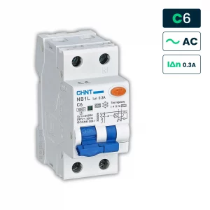 Interruttore Magnetotermico Differenziale Chint Tipo AC Curva C 1P+N 2M 6kA 6A 300mA 230V