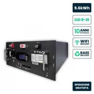 Batteria Accumulo Rack LV 9.6kWh LFP 48V 200Ah 100A BMS Nera CEI 0-21