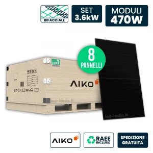 Set 3.6kW con 8 Pannelli Solari AIKO 470W TIER-1 N-Type ABC Bifacciali Full Black 1757x1134x30mm