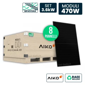 Set 3.6kW con 8 Pannelli Solari AIKO 470W TIER-1 N-Type ABC Bifacciali Full Black 1757x1134x30mm