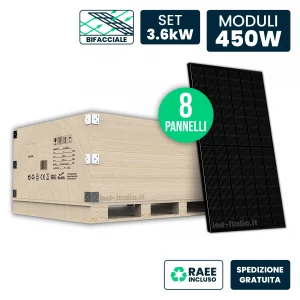 Set 3.6kW con 8 Pannelli Solari 450W N-Type Bifacciali Full Black 1762x1134x30mm