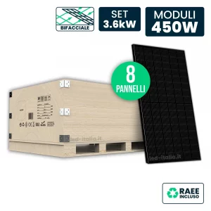 Set 3.6kW con 8 Pannelli Solari 450W N-Type Bifacciali Full Black 1762x1134x30mm